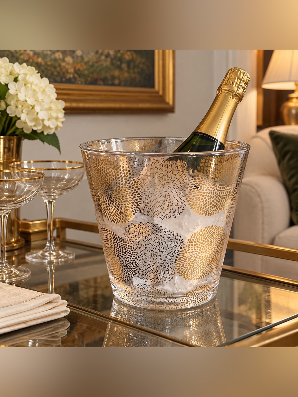 Gold Pattern Glass Wine Cooler Ice Bucket - Home Dining
